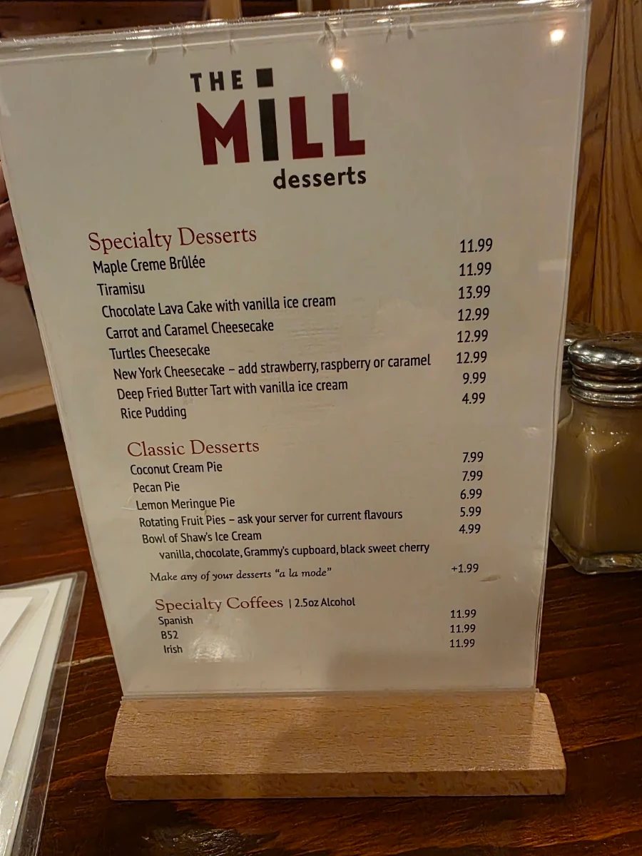Menu, The Mill Restaurant and Inn