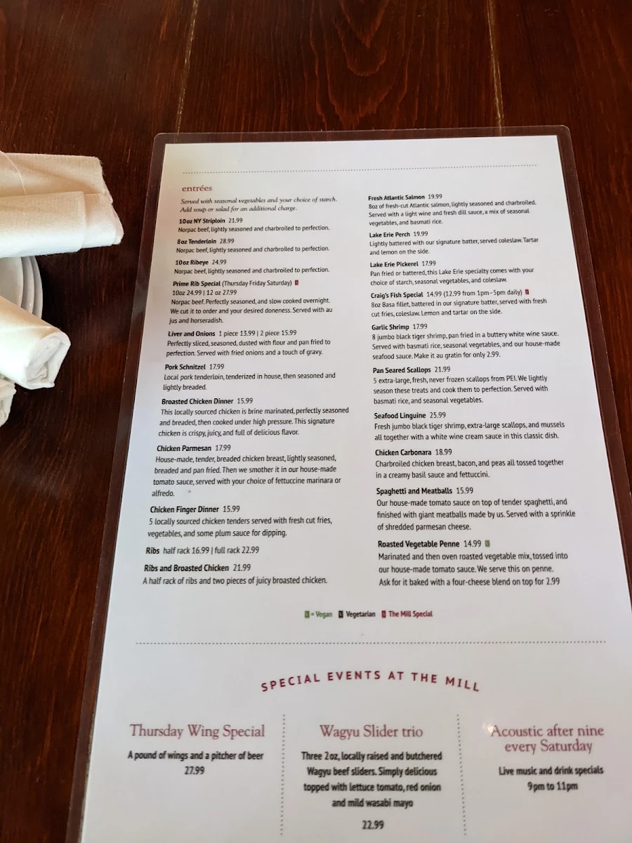 Menu, The Mill Restaurant and Inn