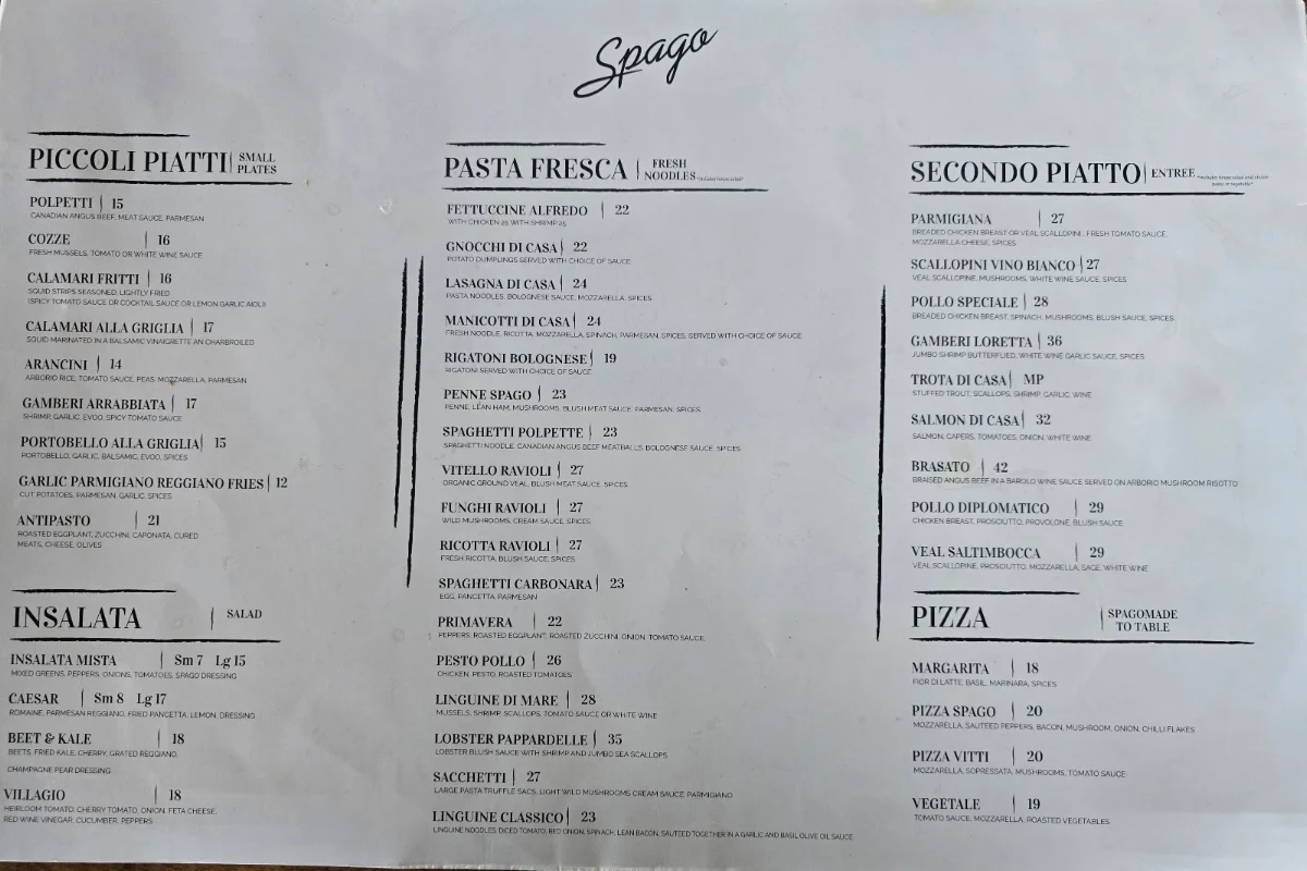 Menu, Spago South Windsor