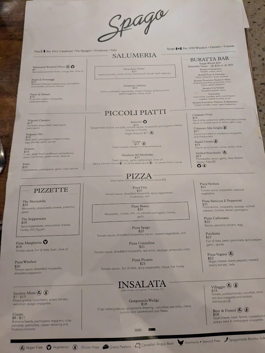 Menu, Spago South Windsor