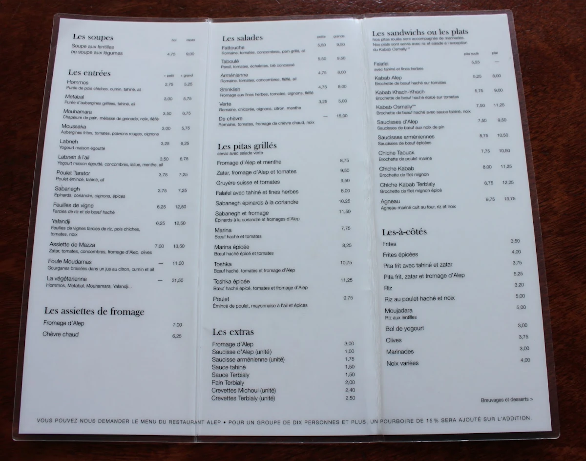 Menu, Restaurant Alep