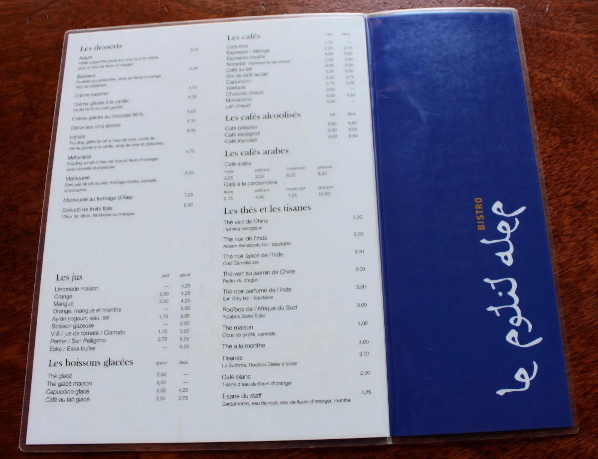 Menu, Restaurant Alep