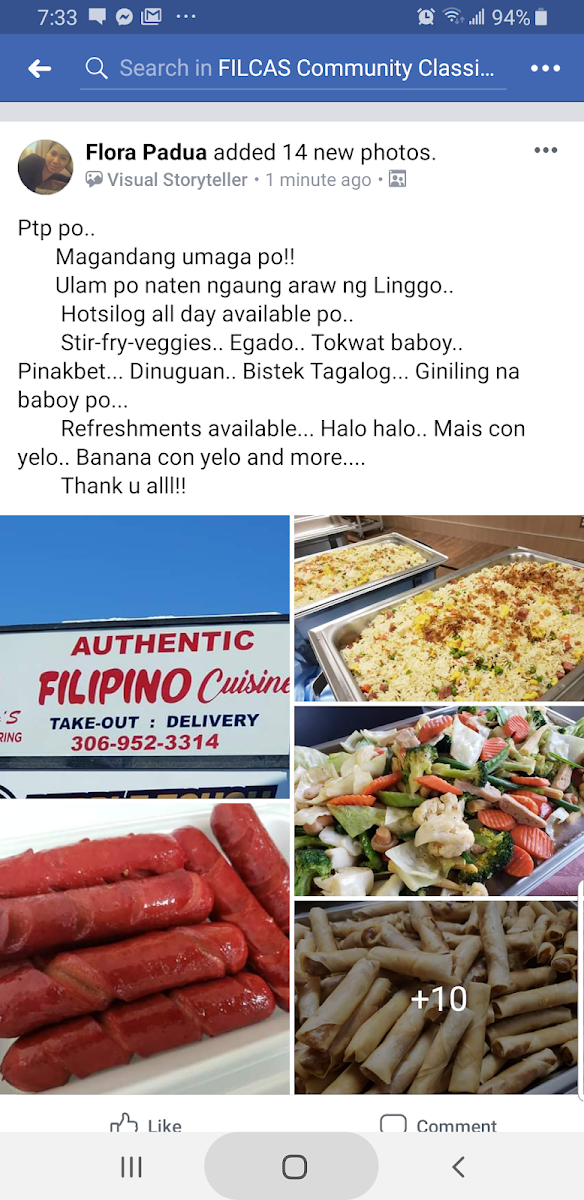 Menu, Flor's Filipino Specialty Catering Services