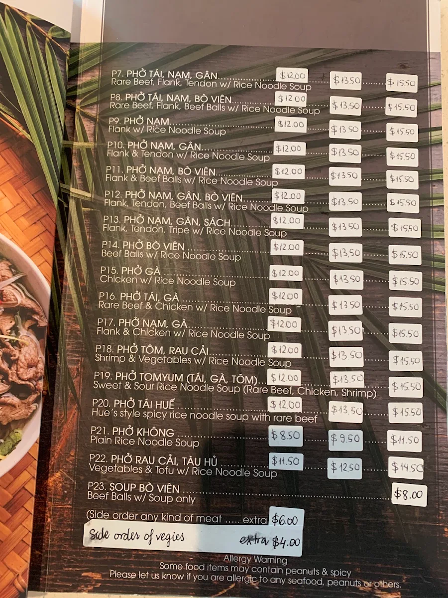 Menu, Pho Kha