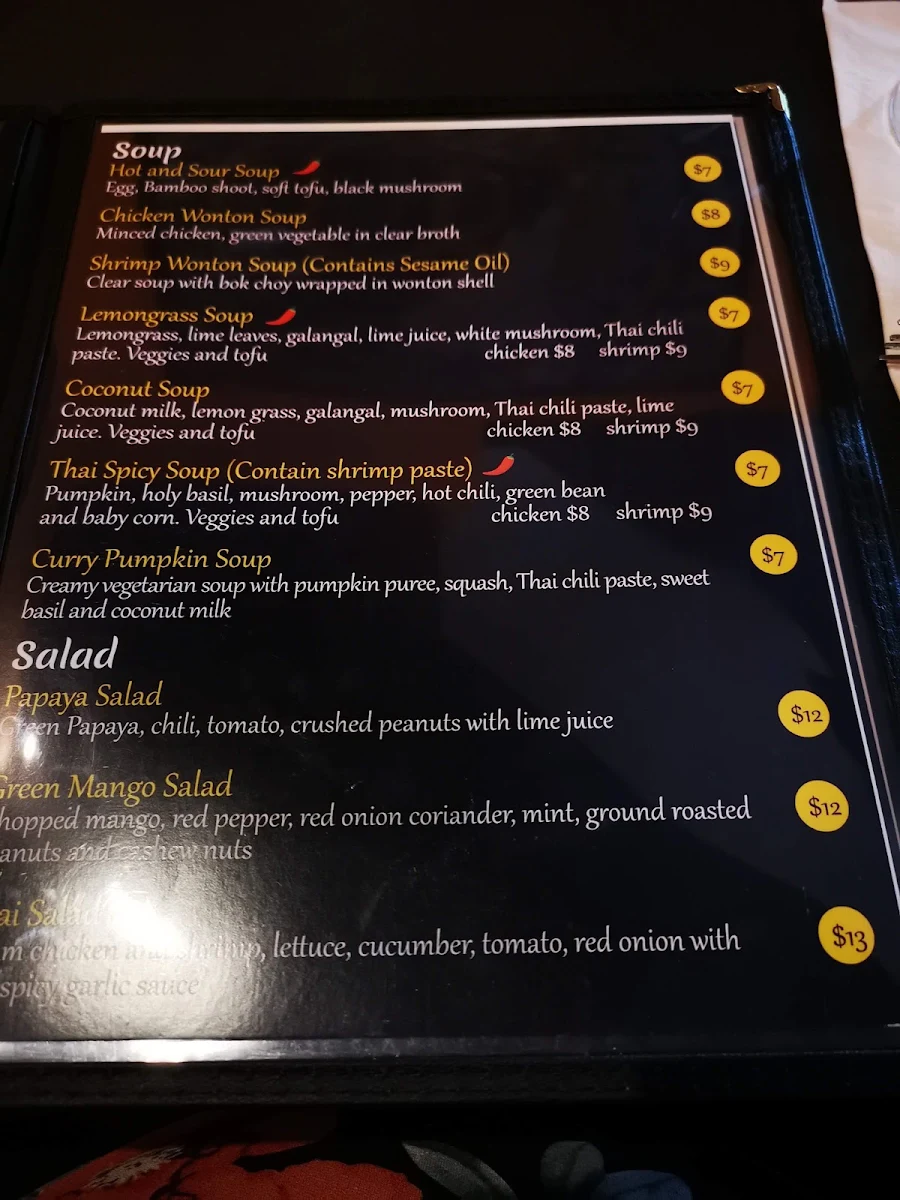 Menu, Young's Thai Cuisine