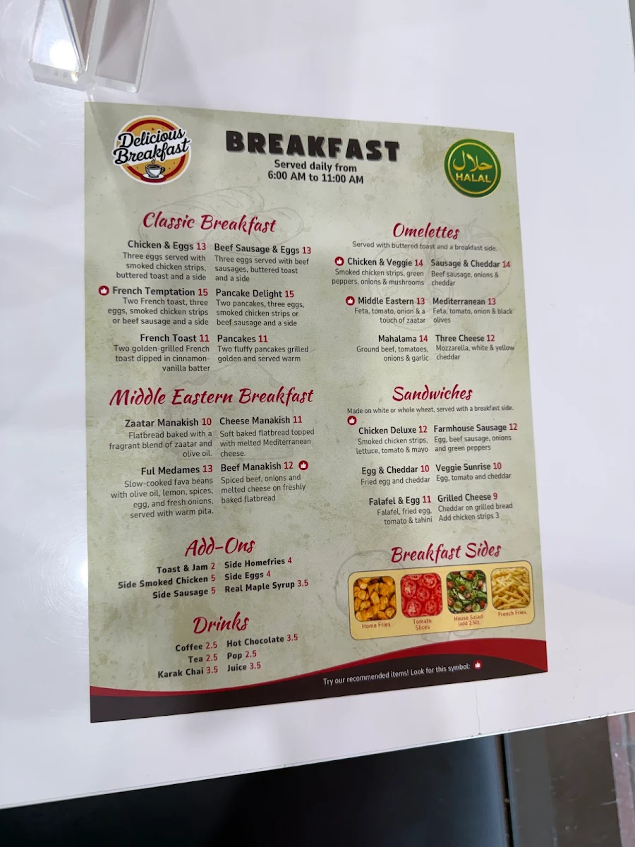 Menu, Delicious Breakfast (Scarborough)