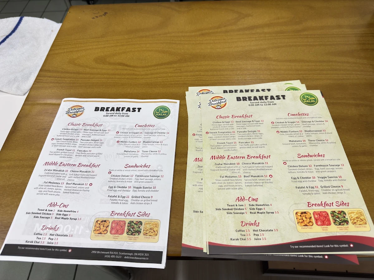 Menu, Delicious Breakfast (Scarborough)