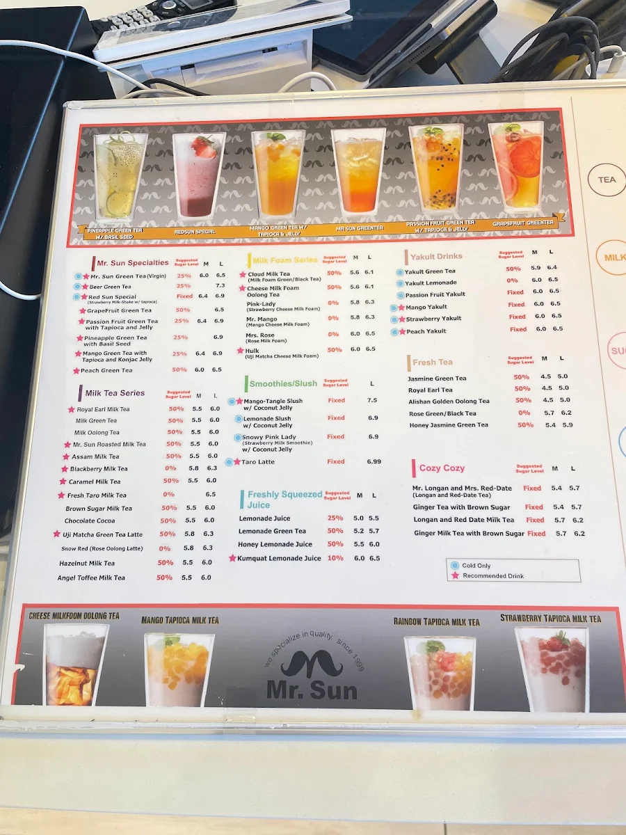 Menu, Mr. Sun Bubble Tea