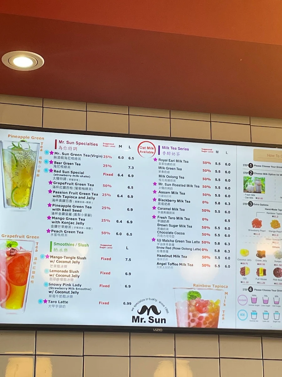 Menu, Mr. Sun Bubble Tea