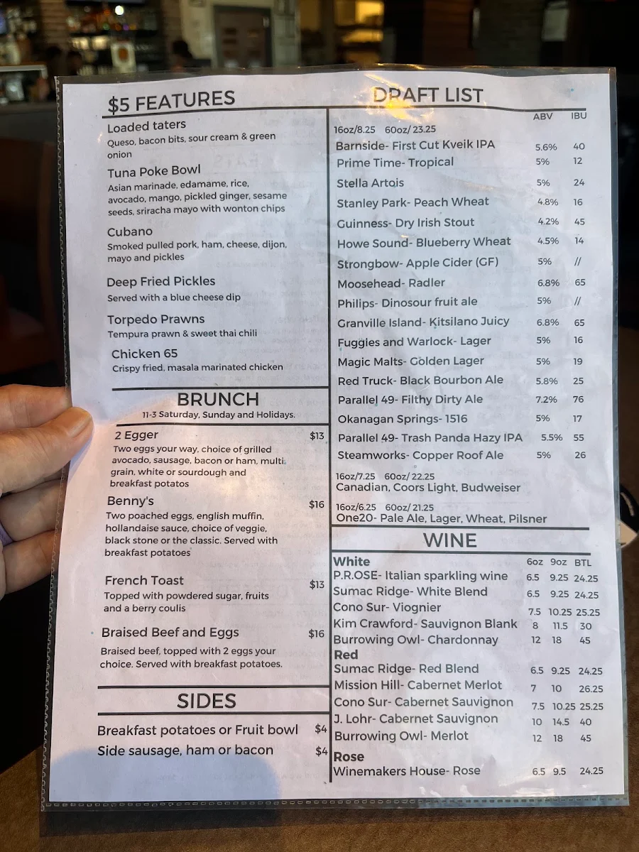 Menu, One20 Public House and Liquor Store