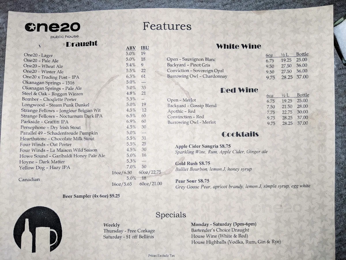 Menu, One20 Public House and Liquor Store
