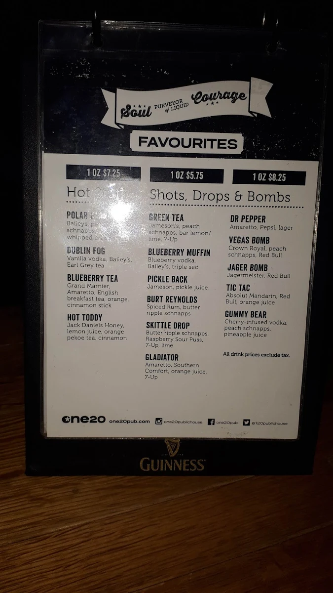 Menu, One20 Public House and Liquor Store