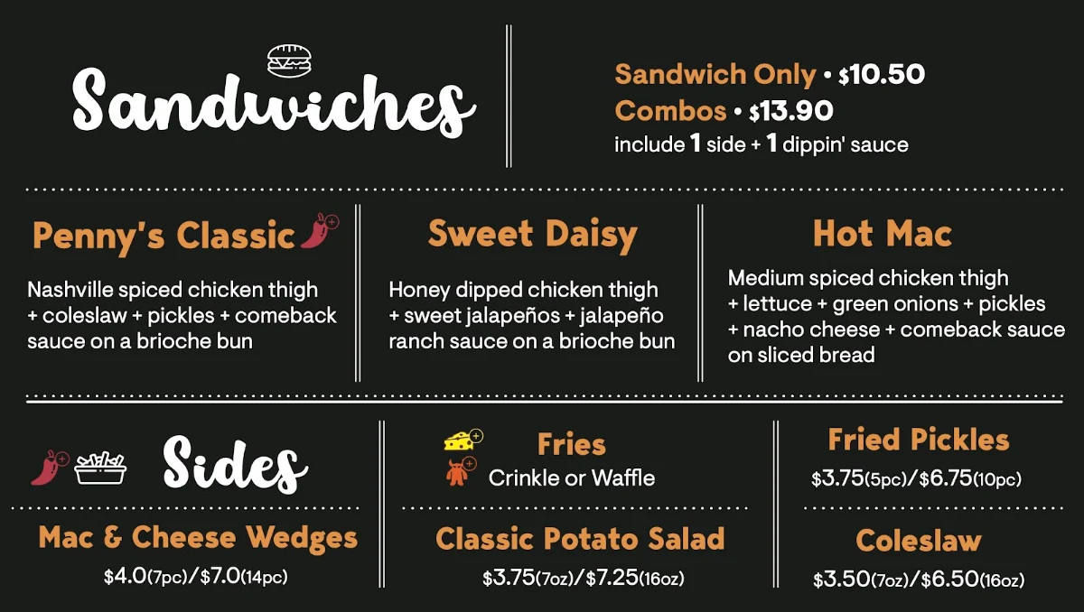 Menu, Penny's Hot Chicken