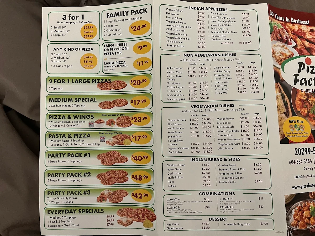 Menu, Pizza Factory Langley