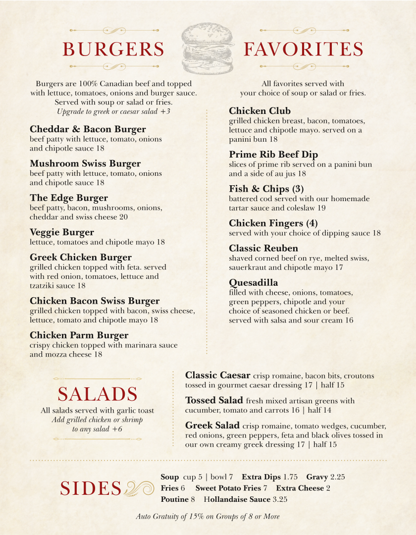Menu, Water's Edge Restaurant and Lounge