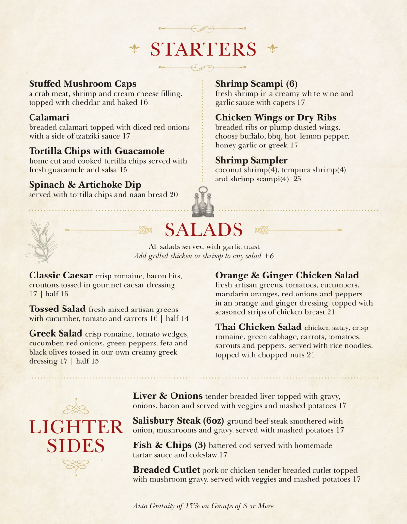 Menu, Water's Edge Restaurant and Lounge