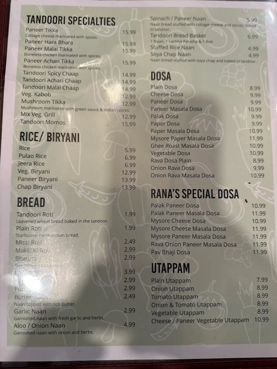 Menu, Rana's Indian Fusion Restaurant