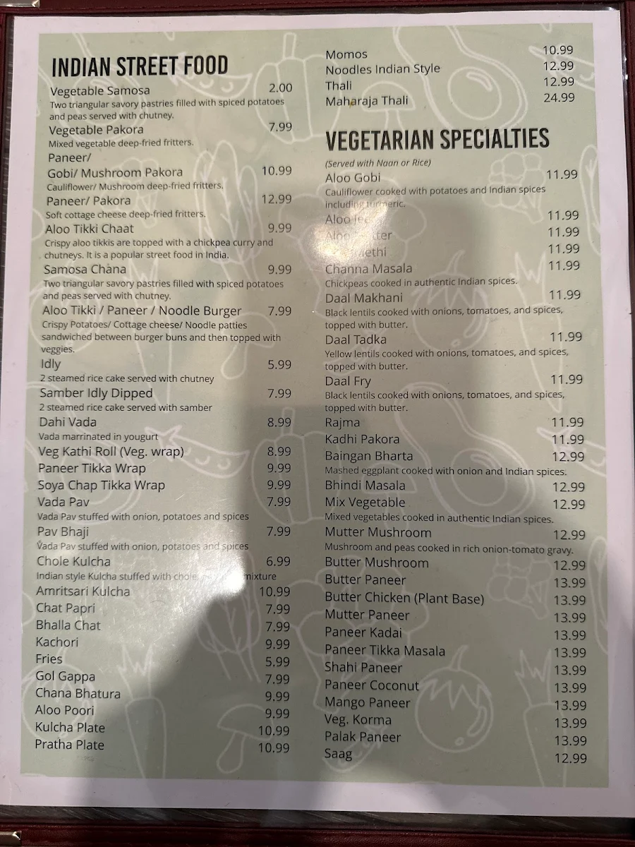 Menu, Rana's Indian Fusion Restaurant