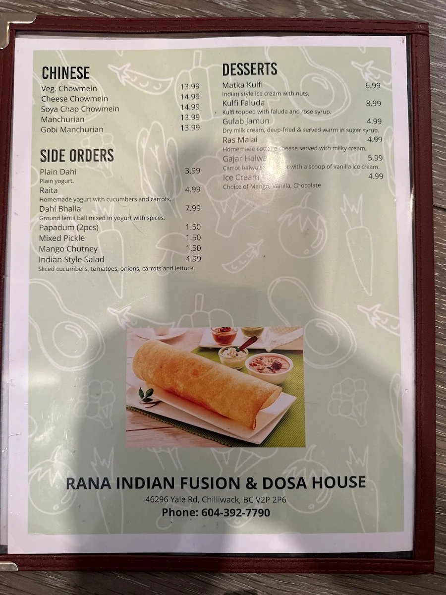 Menu, Rana's Indian Fusion Restaurant