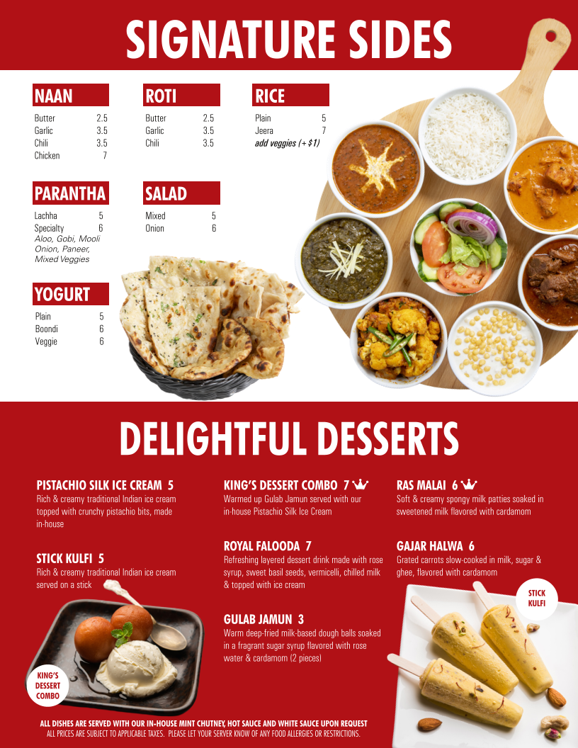 Menu, King Tandoori Drew