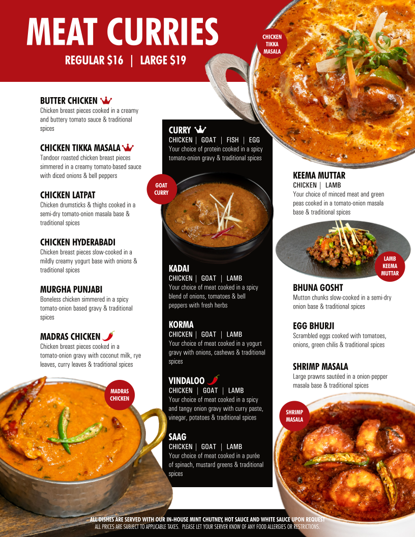 Menu, King Tandoori Drew