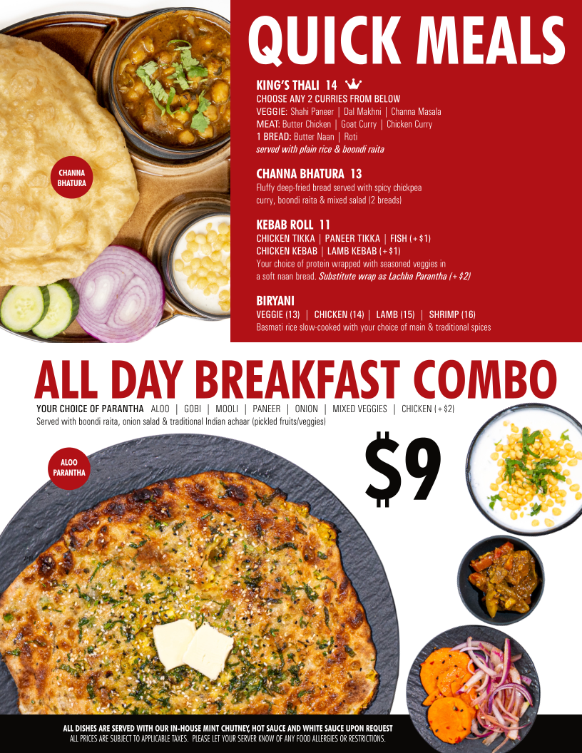 Menu, King Tandoori Drew