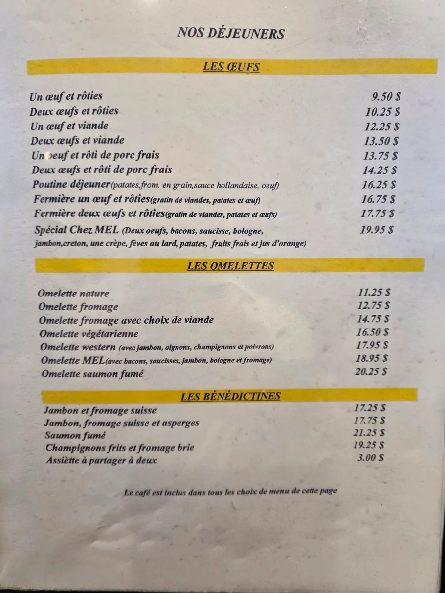 Menu, Resto Chez Mel