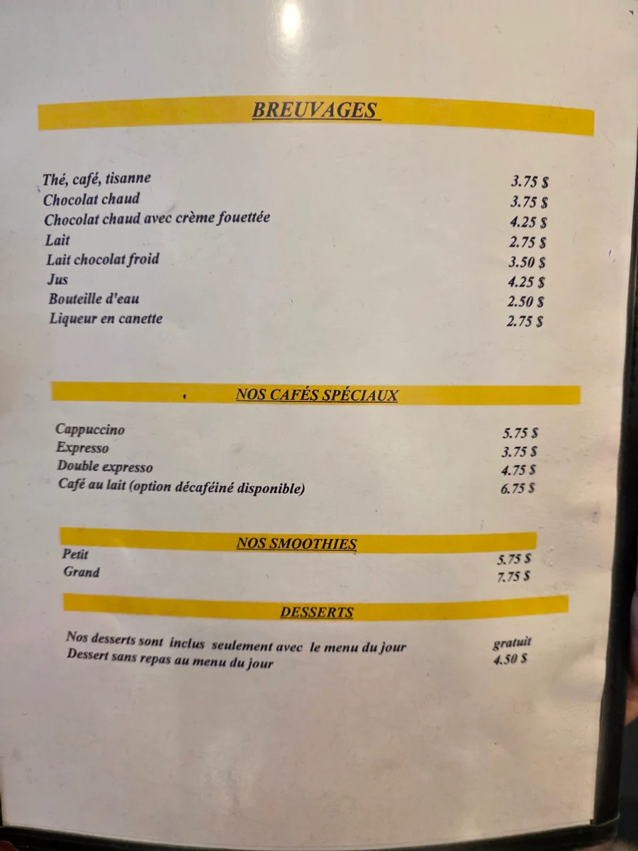 Menu, Resto Chez Mel