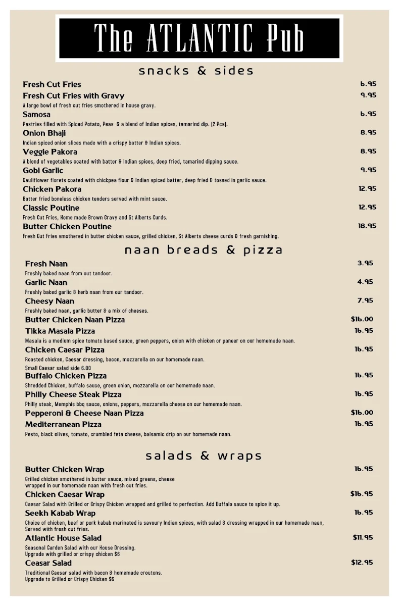 Menu, Atlantic Pub & Stay