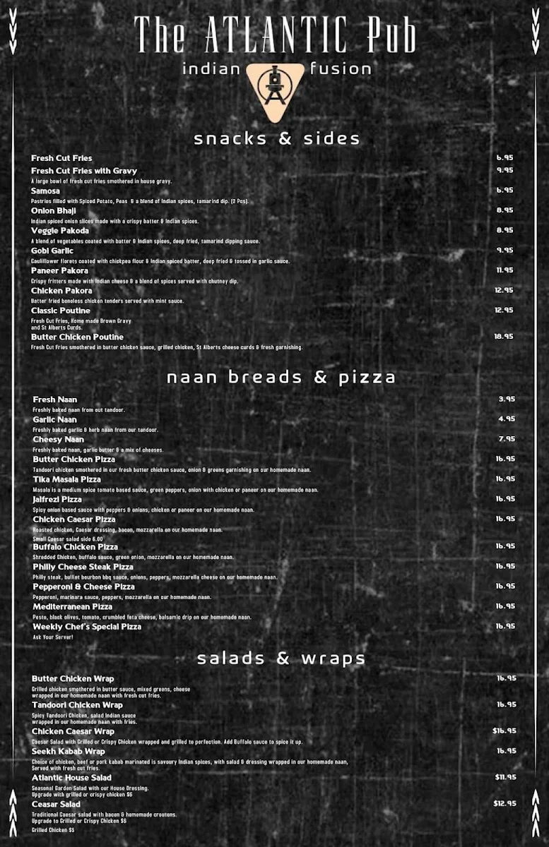 Menu, Atlantic Pub & Stay