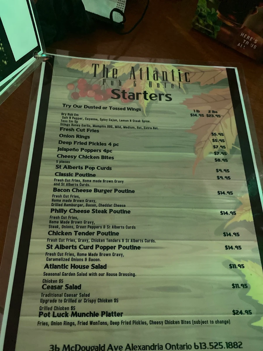 Menu, Atlantic Pub & Stay