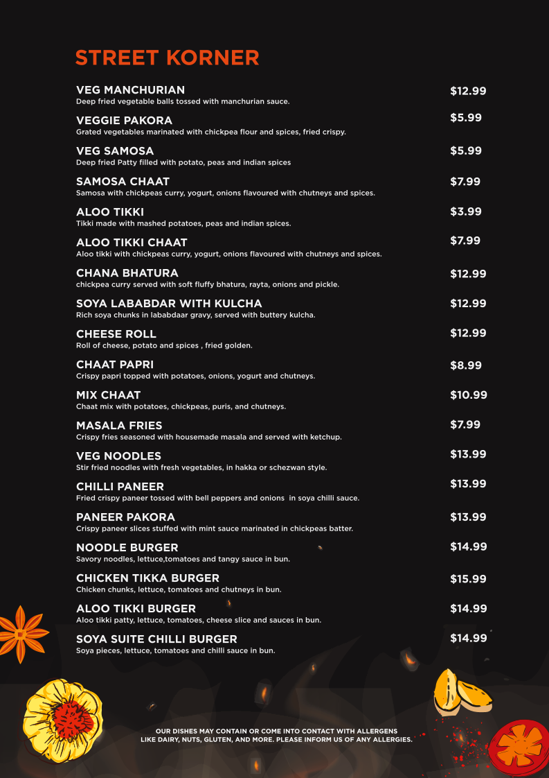 Menu, India Palace