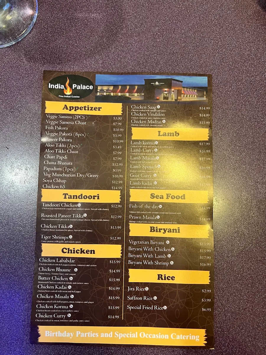 Menu, India Palace