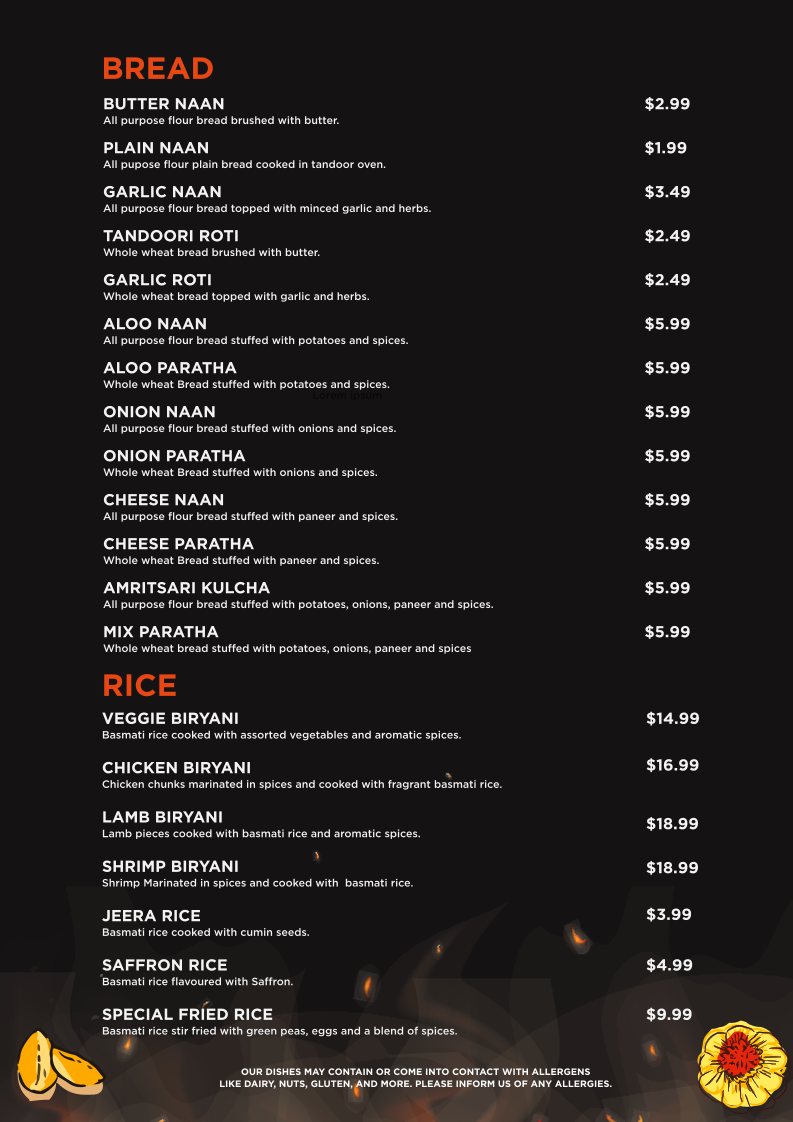 Menu, India Palace