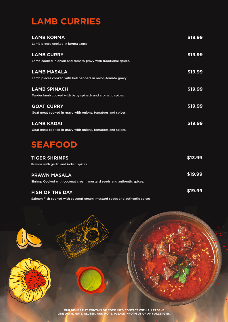 Menu, India Palace