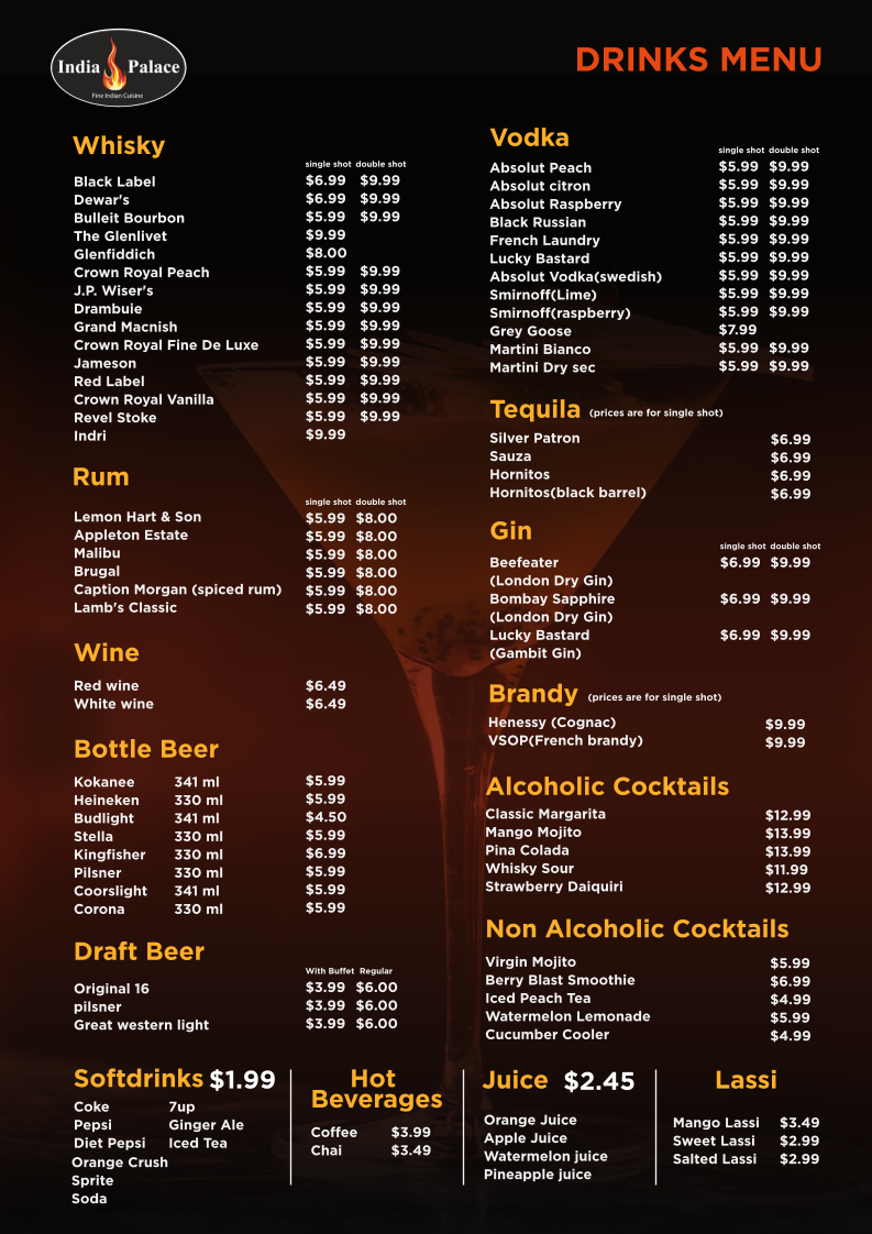 Menu, India Palace
