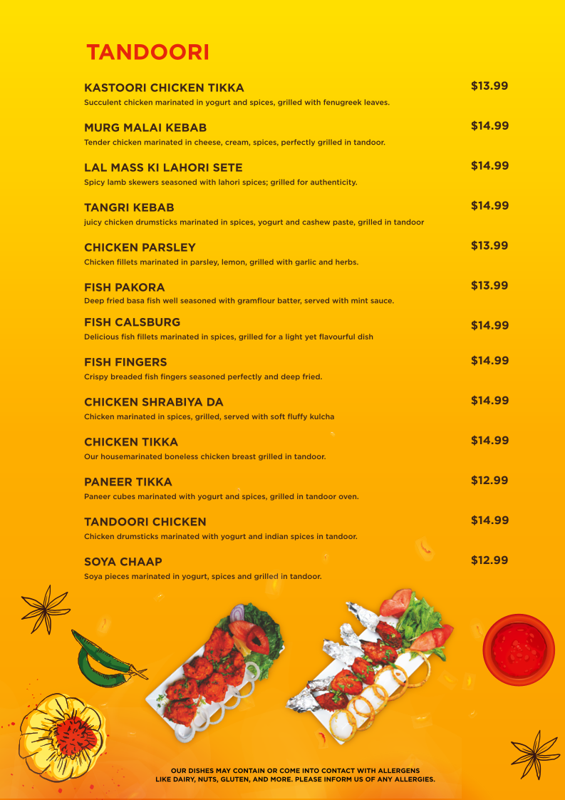 Menu, India Palace