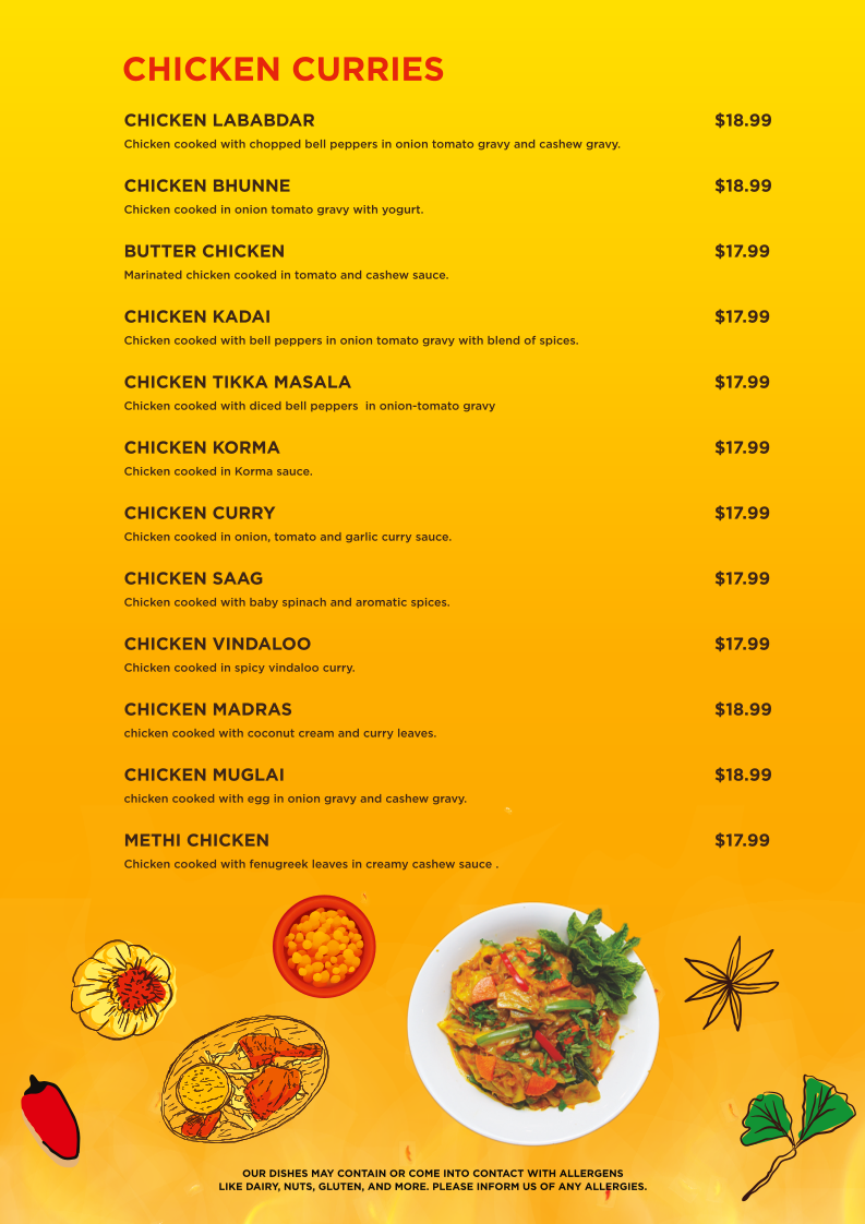 Menu, India Palace