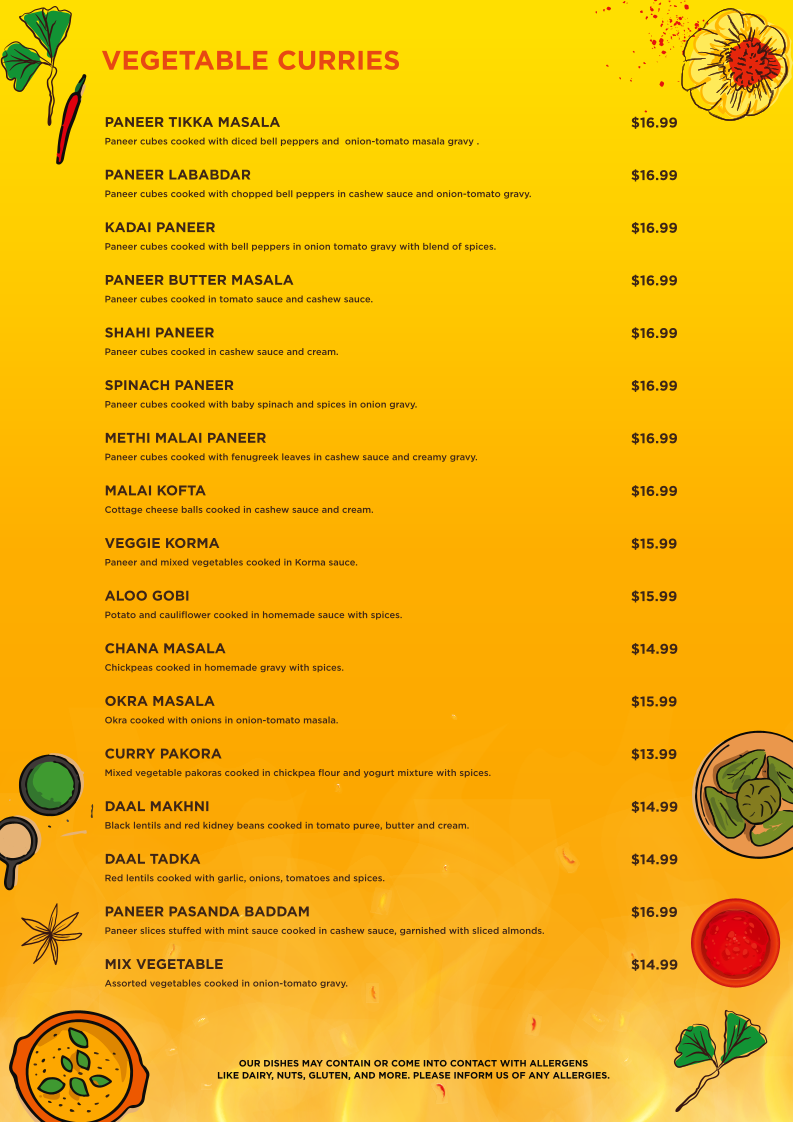 Menu, India Palace