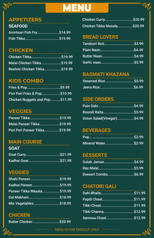 Menu, Tandoori Nation Indian Restaurant