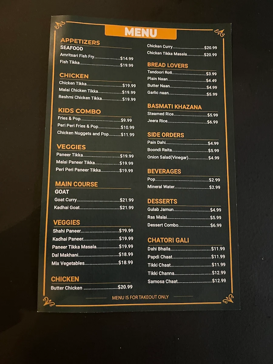 Menu, Tandoori Nation Indian Restaurant