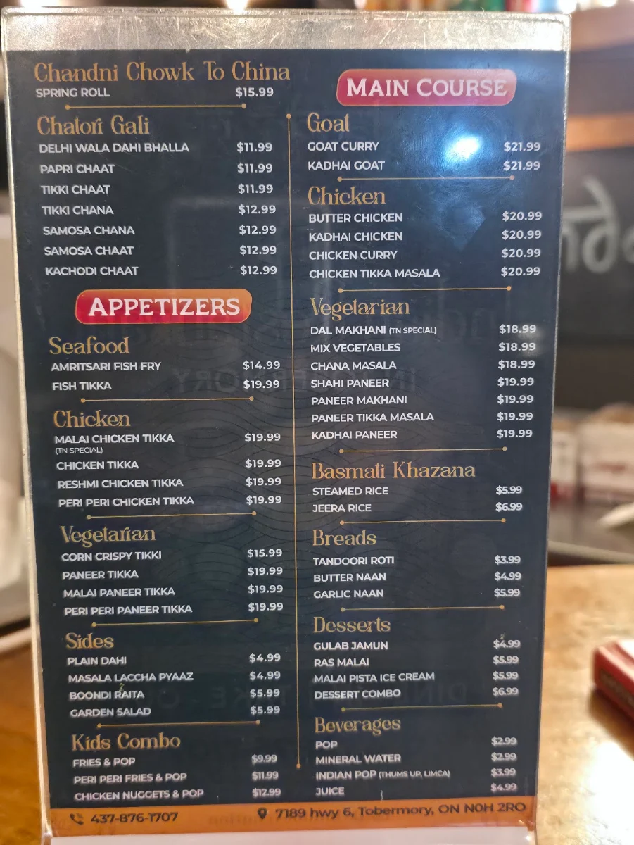 Menu, Tandoori Nation Indian Restaurant
