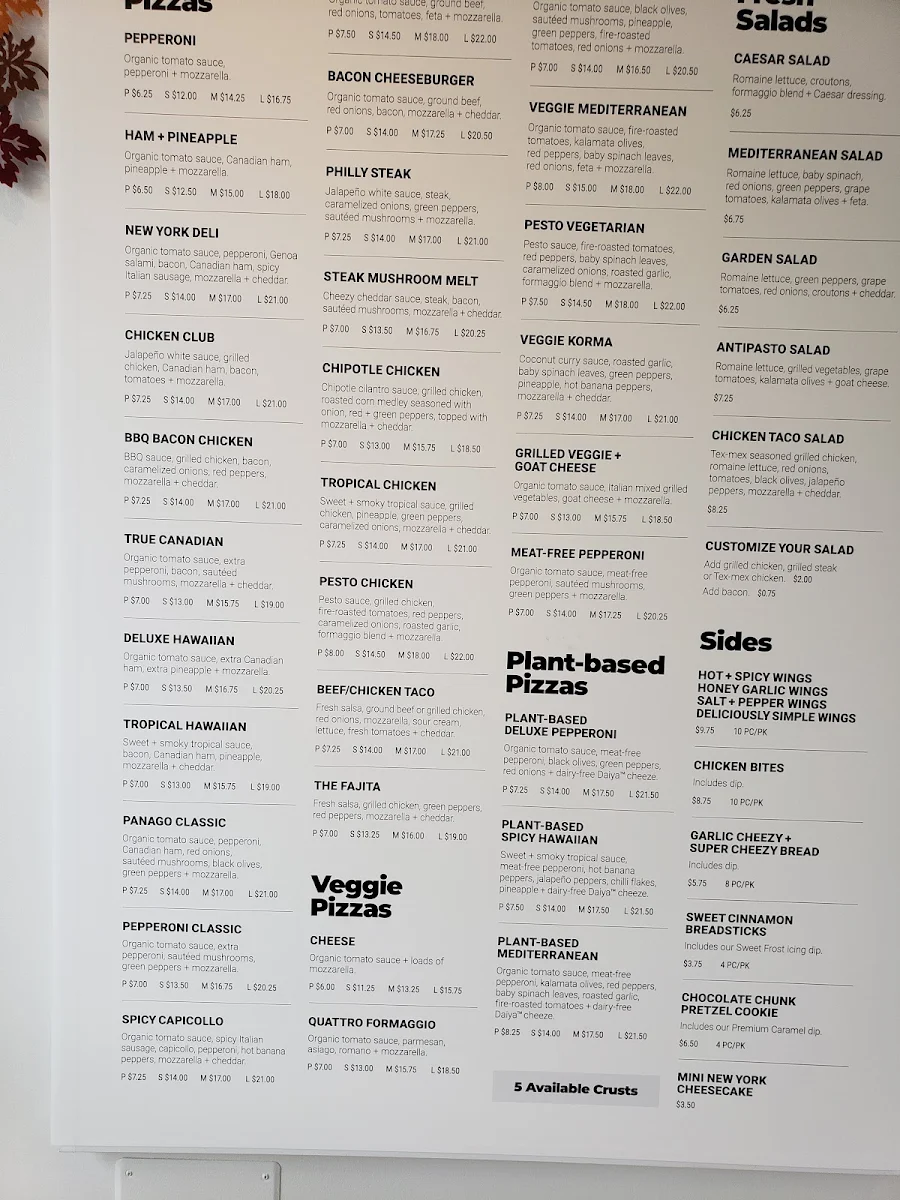 Menu, Panago Pizza