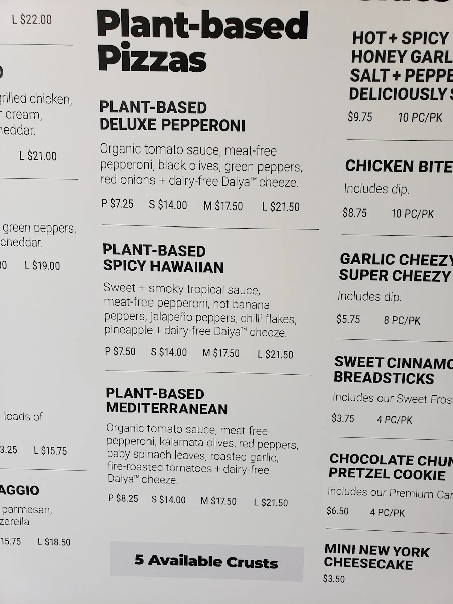 Menu, Panago Pizza