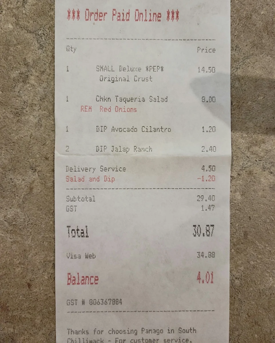 Menu, Panago Pizza