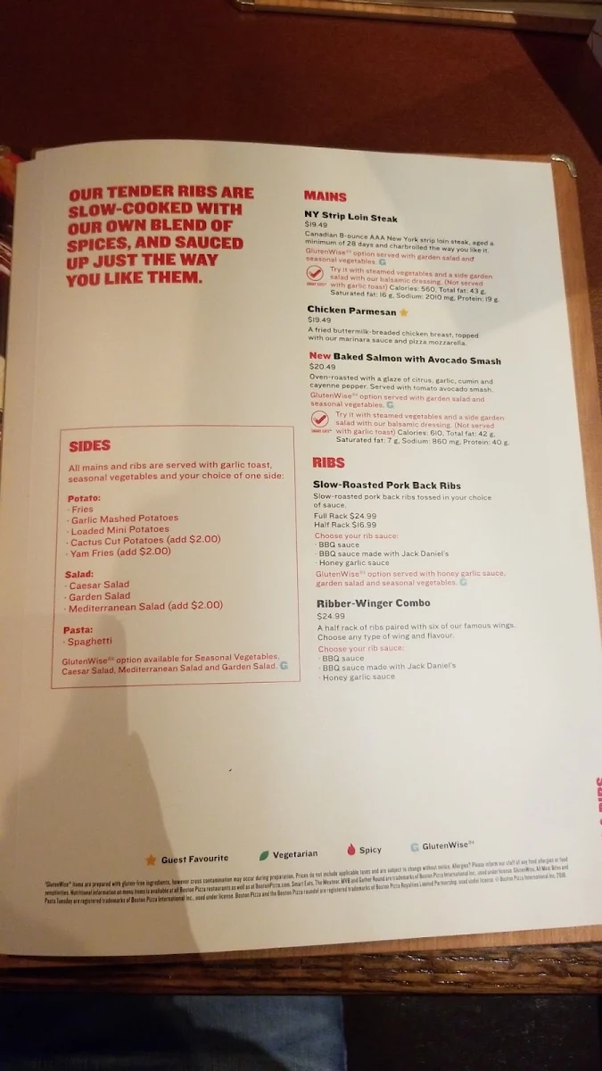 Menu, Boston Pizza