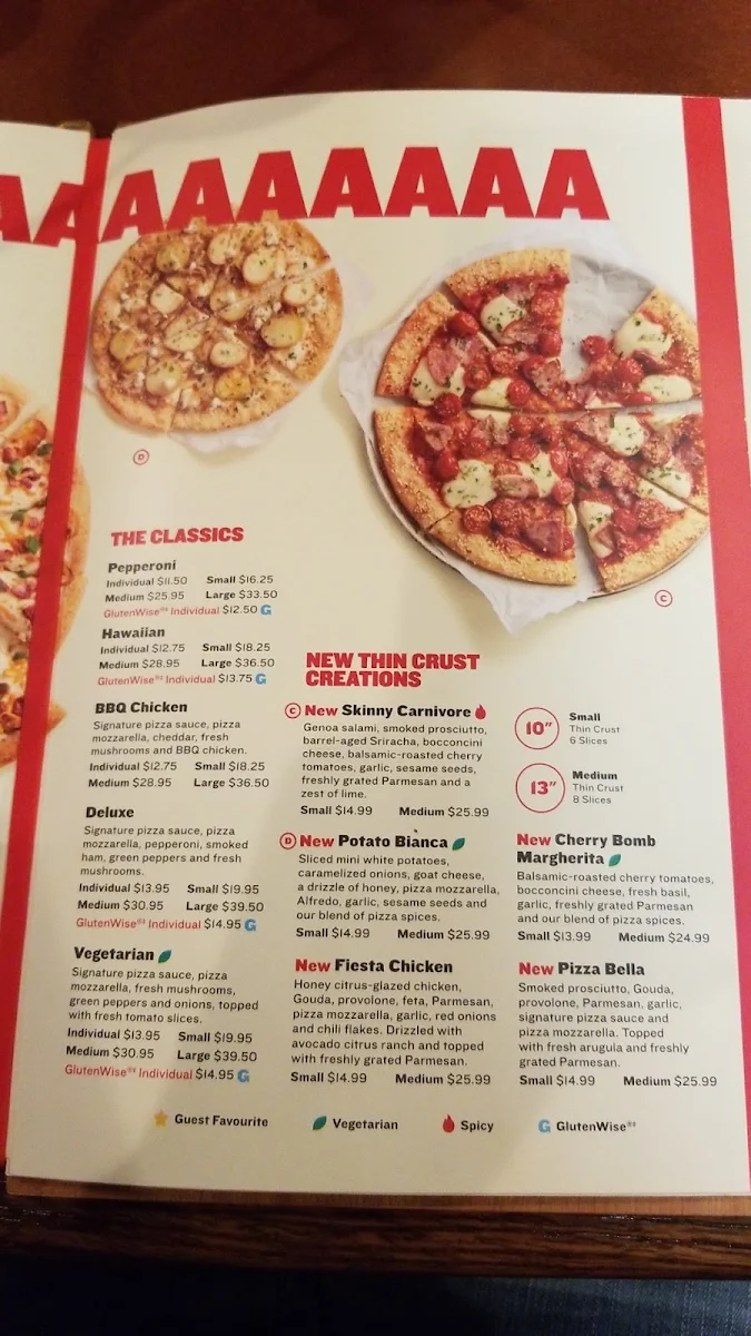 Menu, Boston Pizza