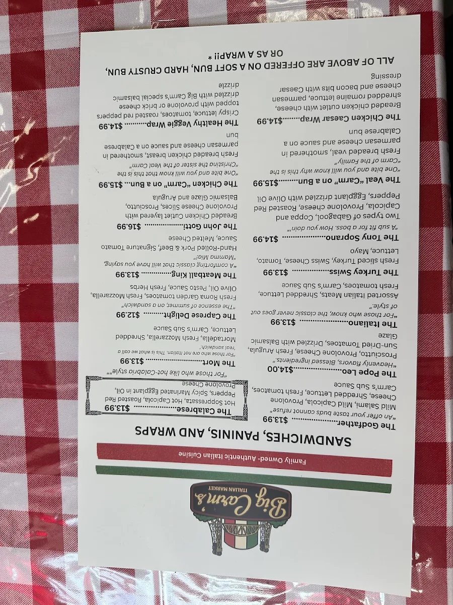 Menu, Big Carms Italian Market