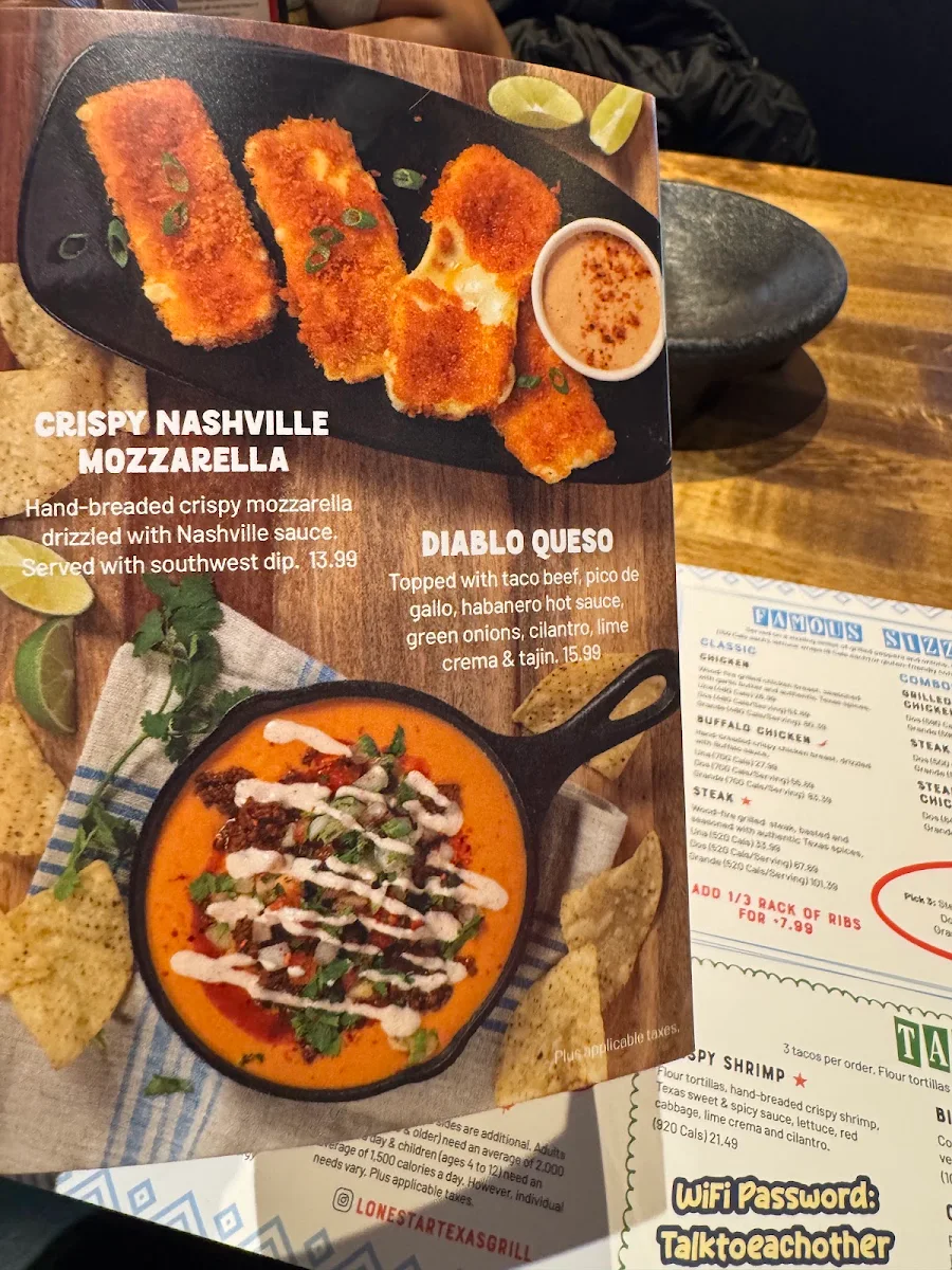 Menu, Lone Star Texas Grill