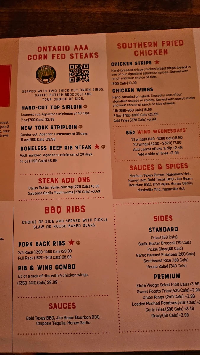 Menu, Lone Star Texas Grill